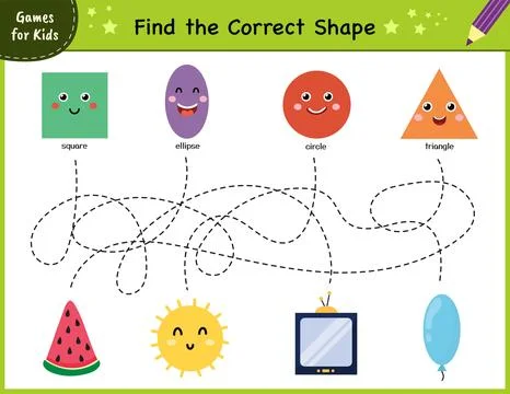 Find the correct shape puzzle game. Maze for kids. Learning shapes activity page Stock Illustration