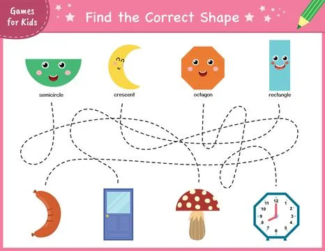 Find the correct shape puzzle game. Maze for kids. Learning shapes activity page Illustrazione stock