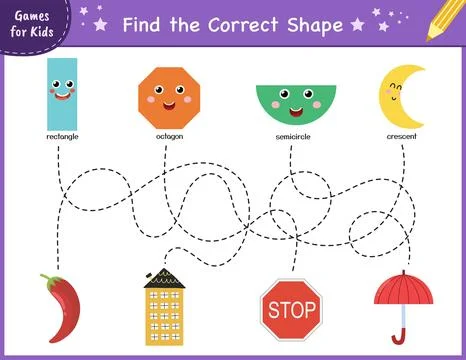 Find the correct shape puzzle game. Fun maze for kids. Learning shapes activity Stock Illustration
