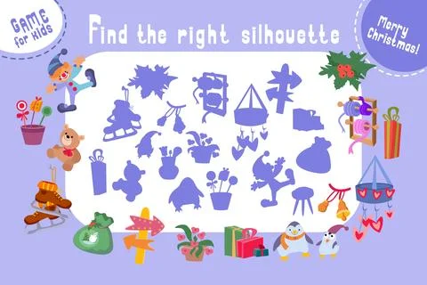 Find the correct silhouette, shadow. Puzzle game for kids. Big set of Christmas Stock Illustration