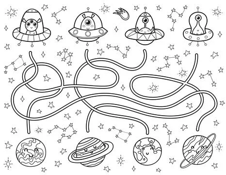 Find the correct way to the planets for each alien in the flying saucers. Black Stock Illustration