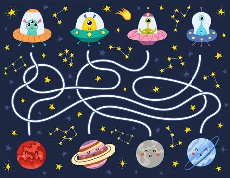 Find the correct way to the planets for each alien in the flying saucers Stock Illustration