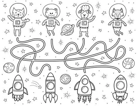 Find a correct way to the rockets for each animal astronaut. Black and white Stock Illustration