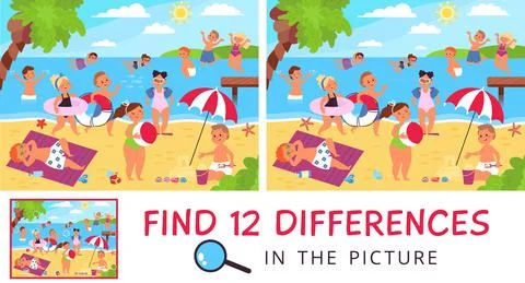 Find difference. 12 differences in picture with happy kids on beach. Paper game Stock Illustration