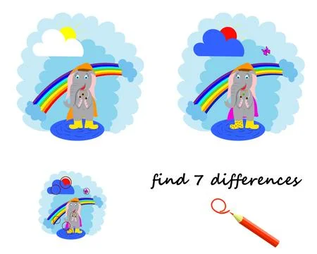 Find the difference, the cartoon elephant is standing near the rainbow. a g.. Stock Illustration