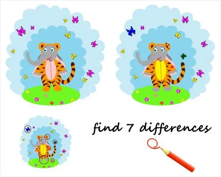 Find the difference, the cartoon elephant is standing near the rainbow. a g.. Stock Illustration