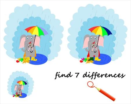 Find the difference, a cartoon elephant stands under an umbrella. a game fo.. Stock Illustration