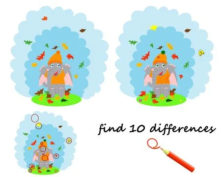 Find the difference, a cartoon elephant stands under an umbrella. a game fo.. Stock Illustration