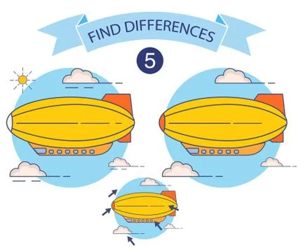 Find differences airship, education game for children,Riddle for preschool. Stock Illustration