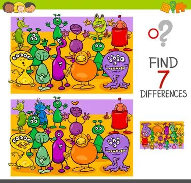 Find differences with alien characters Cartoon Illustration of Finding Sev... 写真素材