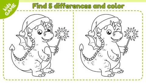 Find differences and color dragon in red hat Santa Stock Illustration