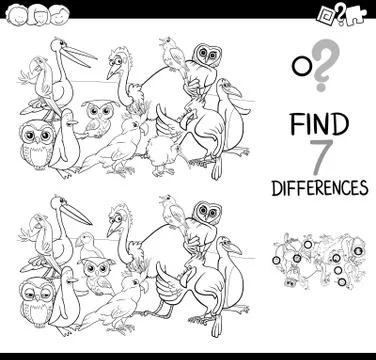 Find differences with birds coloring book Stock Illustration