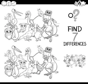 Find differences with birds coloring book Black and White Cartoon Illustra... Stock Photos