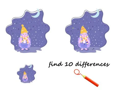 Find the differences, cartoon hedgehog in a hat and scarf, night, winter. v.. Stock Illustration