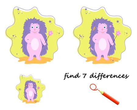 Find the differences, a cartoon hedgehog with a magic wand. vector isolated o Stock Illustration