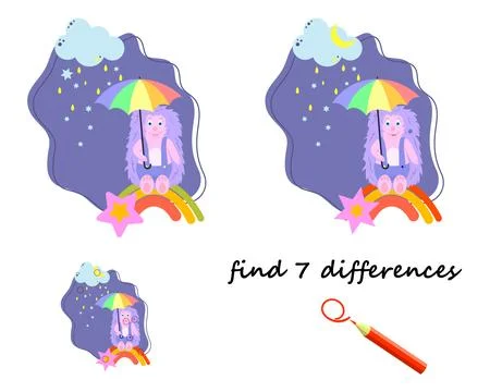 Find the differences, cartoon hedgehog with an umbrella. vector isolated on.. Stock Illustration