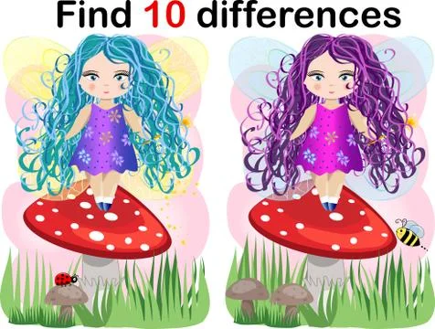 Find differences education game for children, fairy in the nature Stockillustratie