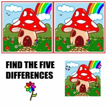 Find differences, education game for children. Mushroom house concept. Stock Illustration