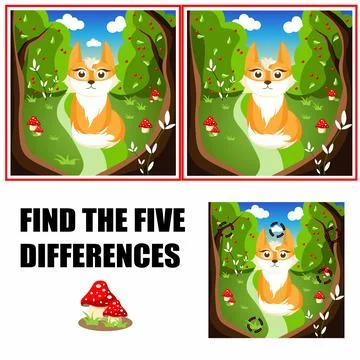 Find differences, education game for children. Cute fox character in forest Stock Illustration