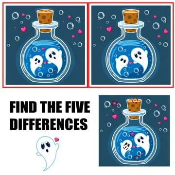 Find differences, education game for children. Cute ghosts in a glass cone Stock Illustration