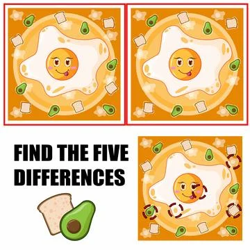 Find differences, education game for children. Cute happy fried egg. Stock Illustration