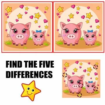 Find differences, education game for children. Cute pigs concept. Flora and.. Stock Illustration