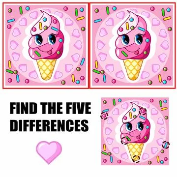 Find differences, education game for children. Cute ice cream character. Stock Illustration