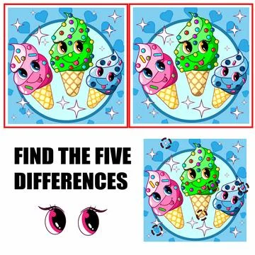 Find differences, education game for children. Cute ice cream character. Stock Illustration