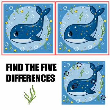 Find differences, education game for children. Cute whale swimming Stock Illustration