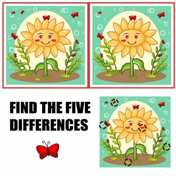 Find differences, education game for children. Sunflower character Stock Illustration