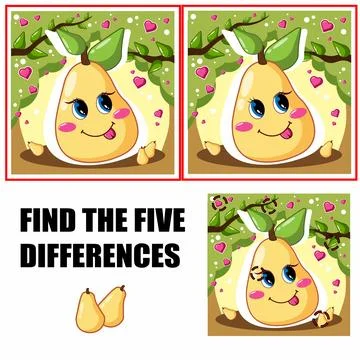 Find differences, education game for children. Pear character Stock Illustration