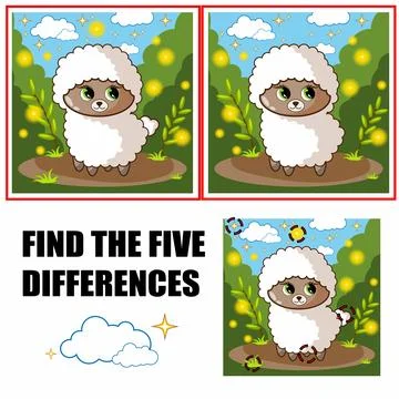 Find differences, education game for children. Cute sheep character Stock Illustration