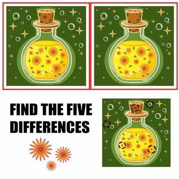 Find differences, education game for children. Mystery glass bottle Stock Illustration