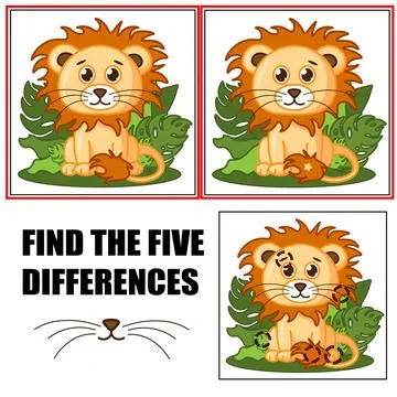 Find differences, education game for children. Cute little lion in leaves. Stock Illustration