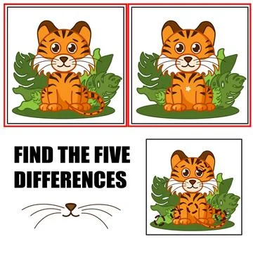 Find differences, education game for children. Cute tiger sitting. Stock Illustration