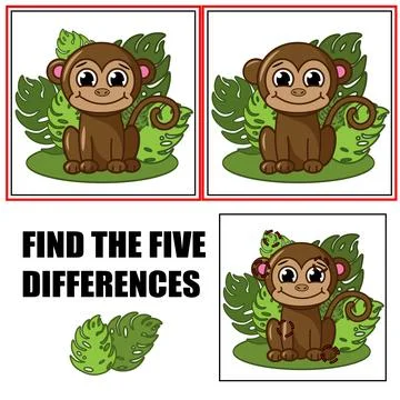 Find differences, education game for children. Cute monkey sitting. Illustrazione stock