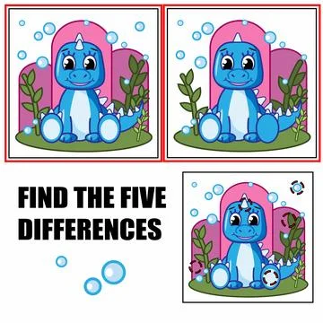 Find differences, education game for children. Pretty blue dinosaur. Stock Illustration