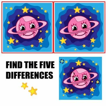 Find differences, education game for children. Cute pink planet in space. Stock Illustration