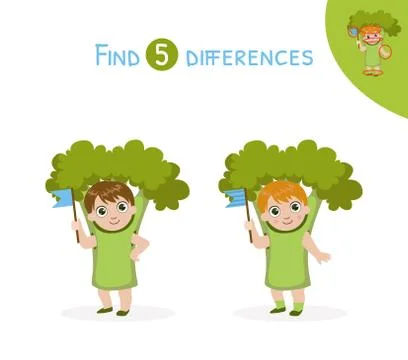 Find Differences, Educational Game for Kids, Cute Girl in Broccoli Costume Stock Illustration