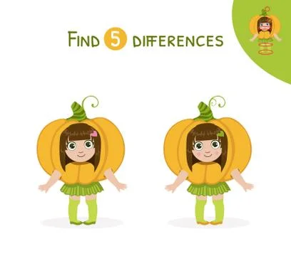 Find Differences, Educational Game for Kids, Cute Girl in Pumpkin Costume Vector Stock Illustration