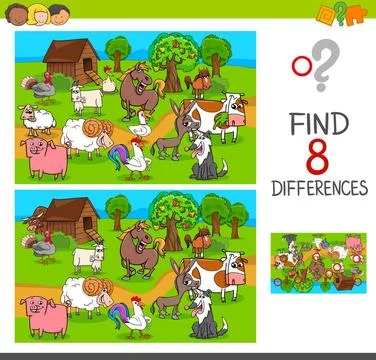 Find differences with farm animal characters Cartoon Illustration of Findi... Stock Photos