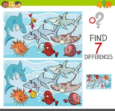 Find differences with fish sea life characters Cartoon Illustration of Fin... Stock Photos