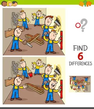 Find differences game with builders Cartoon Illustration of Finding Six Di... 스톡 사진