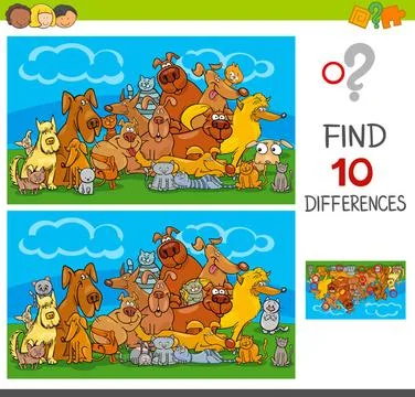 Find differences game with cats and dogs Cartoon Illustration of Finding T... Stock Photos