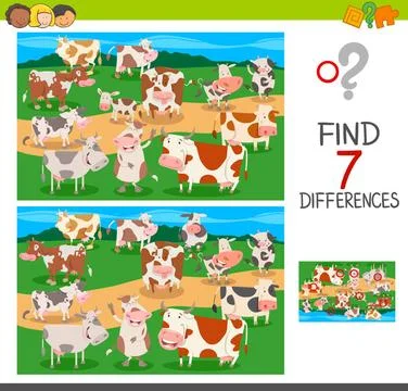 Find differences game with cows animal characters Cartoon Illustration of ... Stock Photos