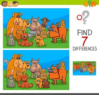 Find differences game with dogs and cats Cartoon Illustration of Finding S... 写真素材