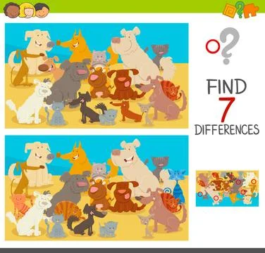 Find differences game with dogs and cats Cartoon Illustration of Finding S... Stock Photos