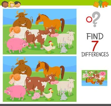 Find differences game with farm animals Cartoon Illustration of Finding Se... Stock Photos