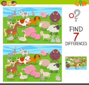 Find differences game with farm animals group Cartoon Illustration of Find... Stock Photos