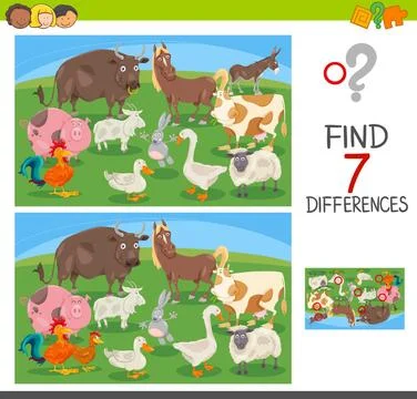 Find differences game with farm animals Cartoon Illustration of Finding Se... 스톡 사진